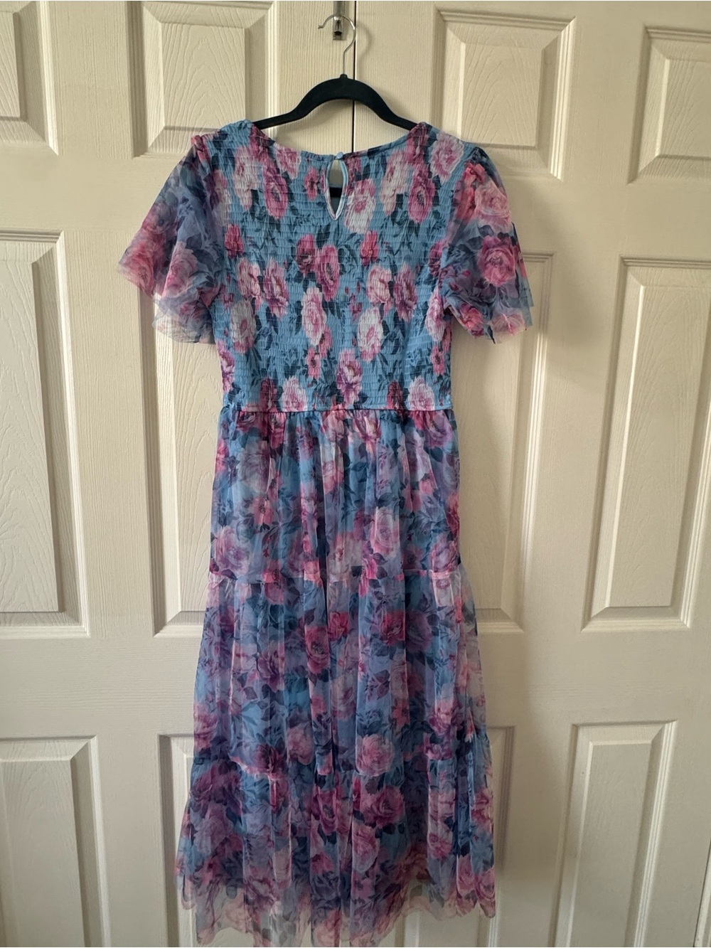 #12 Pretty Garden Floral Dress Short Sleeve Maxi Smocked Flowy Size L - Picture 6 of 6
